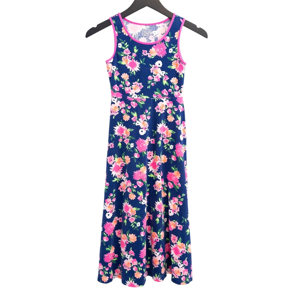 SO Floral Maxi Dress Girls 7/8 Navy Blue Pink Sleeveless Empire‎ Waist Casual